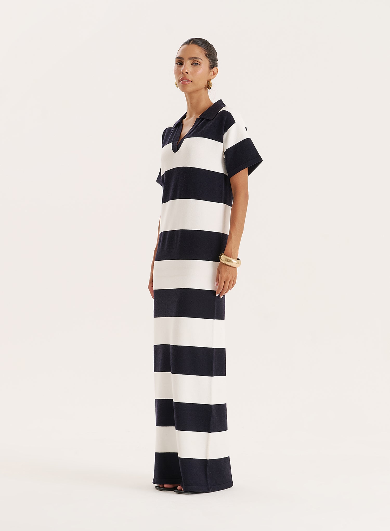 Black And White Stripe Knitted Rugby Maxi Dress